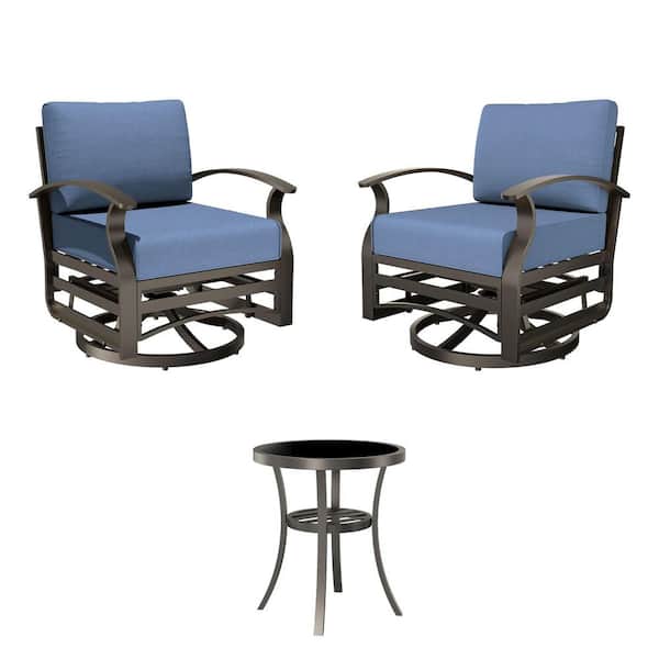 3-Piece Aluminum Swivel Outdoor Rocking Chairs Patio Conversation Set with Navy Cushions and Table, Garden, Backyard