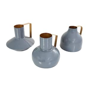 Blue Enameled Metal Abstract Decorative Vase with Varying Shapes and Geometric Gold Handles (Set of 3)