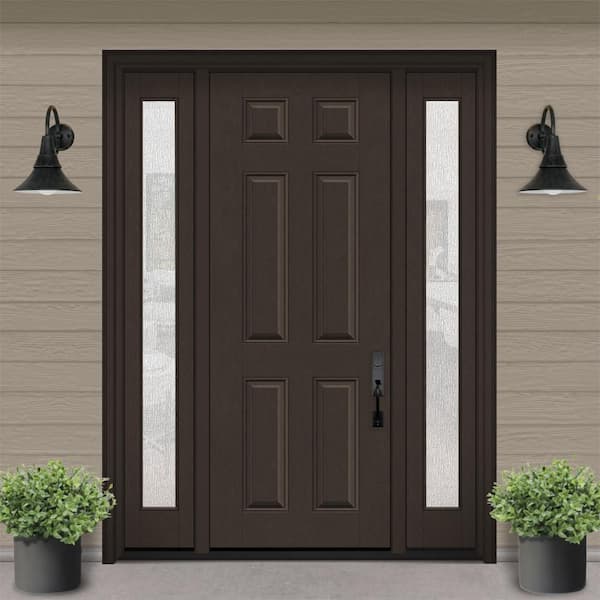 Regency 68 in. x 96 in. 6 Panel LHIS Hickory Stain Mahogany Fiberglass Prehung Front Door w/Rain14in. SLs 6-9/16