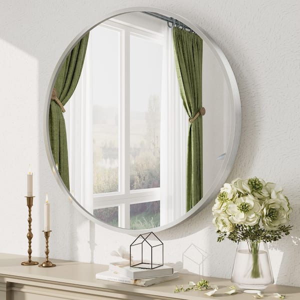 30 in. W x 30 in. H Round Aluminum Alloy Framed French Cleat Mounted Wall Decor Bathroom Vanity Mirror in Brushed Silver