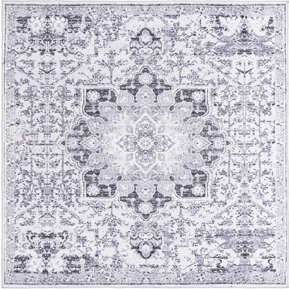 Light Gray Medallion Square Easy-Care Synthetic Rug