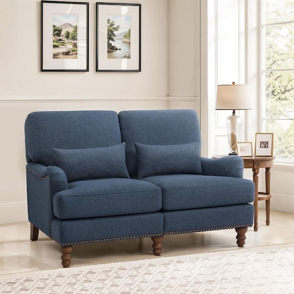 Yero 56 in. Round Arm Fabric Rectangle Mid-Century Upholstered Loveseat Solid Wood Frame Sofa with Pillow in. Dark Blue