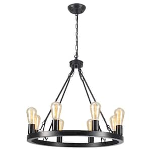 8-Light Black Wagon Wheel Chandelier for Farmhouse Kitchen Island with no Bulbs Included