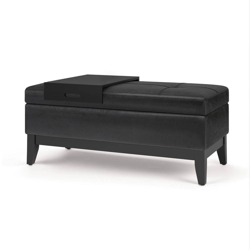 Distressed Black Tufted Footstool Ottoman with Sturdy Tray