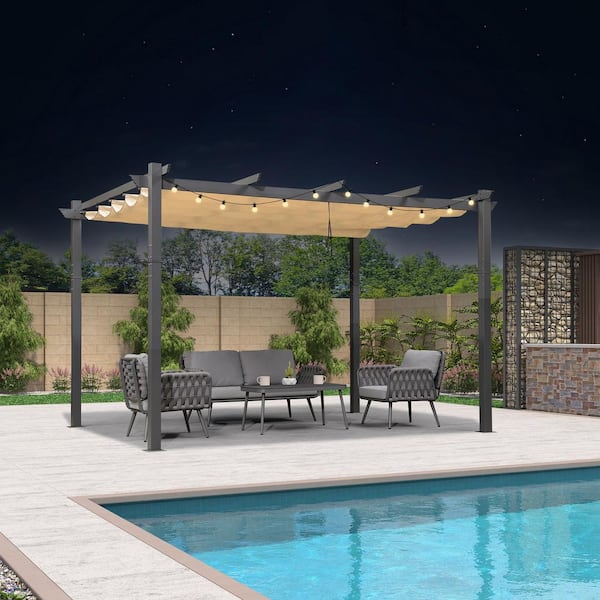 PURPLE LEAF 11 ft. x 13 ft. Gray Aluminum Frame Outdoor Patio Pergola with Beige Retractable Sun Shade Canopy and String Lights