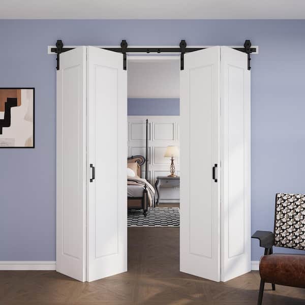 72 in. x 84 in. Assembled Bi-Fold 1 Panel White Primed DIY Available Hollow Core MDF Sliding Barn Door with Hardware Kit