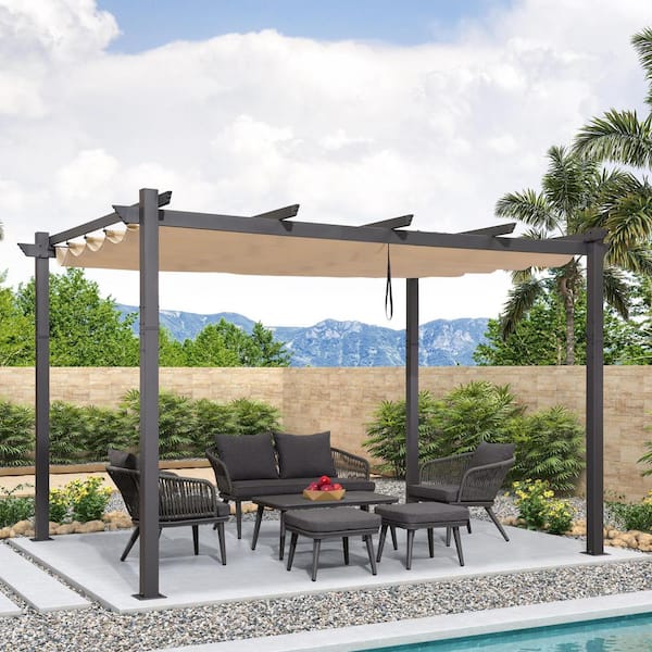 10 ft. W x 13 ft. D Outdoor Gray Aluminum Pergola with Khaki Adjustable Fade-Resistant Sun Shelter Canopy for Backyard
