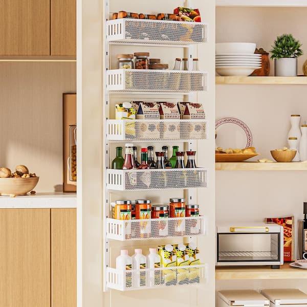 6-Tier White Over The Door Pantry Organizer with Mesh Baskets, Adjustable Hanging Spice Rack for Kitchen