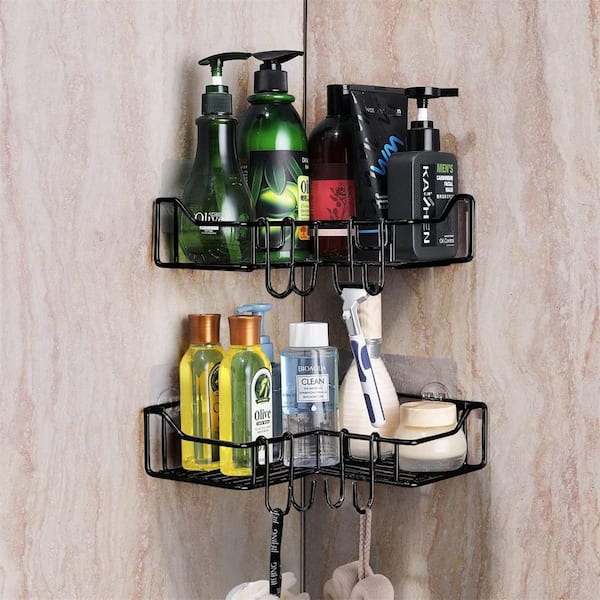 Dracelo Wall Mounted Bathroom Shower Caddies Adhesive Type Coner Storage Shelves with 3 Movable Hooks in Black 2-Pack