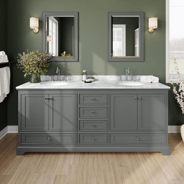Wyndham Collection Deborah 80 in. Double Bathroom Vanity in Dark Gray with Marble Vanity Top in White Carrara with White Basins