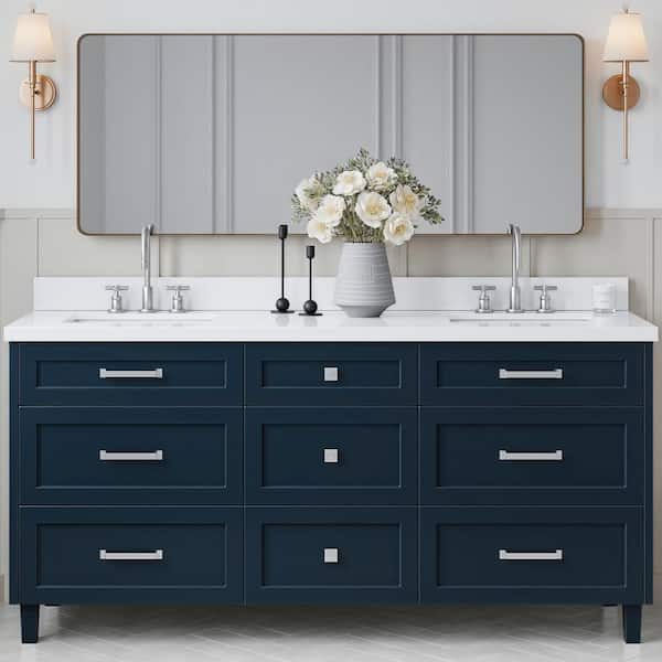 Monroe 72 in. W x 22 in. D x 36 in. H Double Sink Bath Vanity in Midnight Blue with Pure White Quartz Top