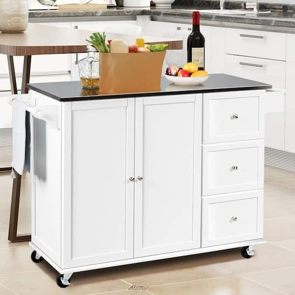 Alexandria Stone Top Portable Kitchen Island/Cart White/White