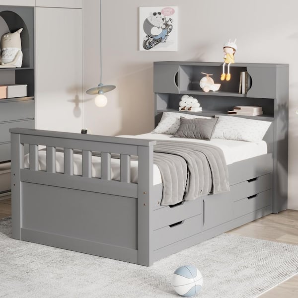 Kara Gray Wood Frame Twin Size Captain Platform Bed with Storage Headboard, Bookcases, Shelves, 4 Drawers, Footboard
