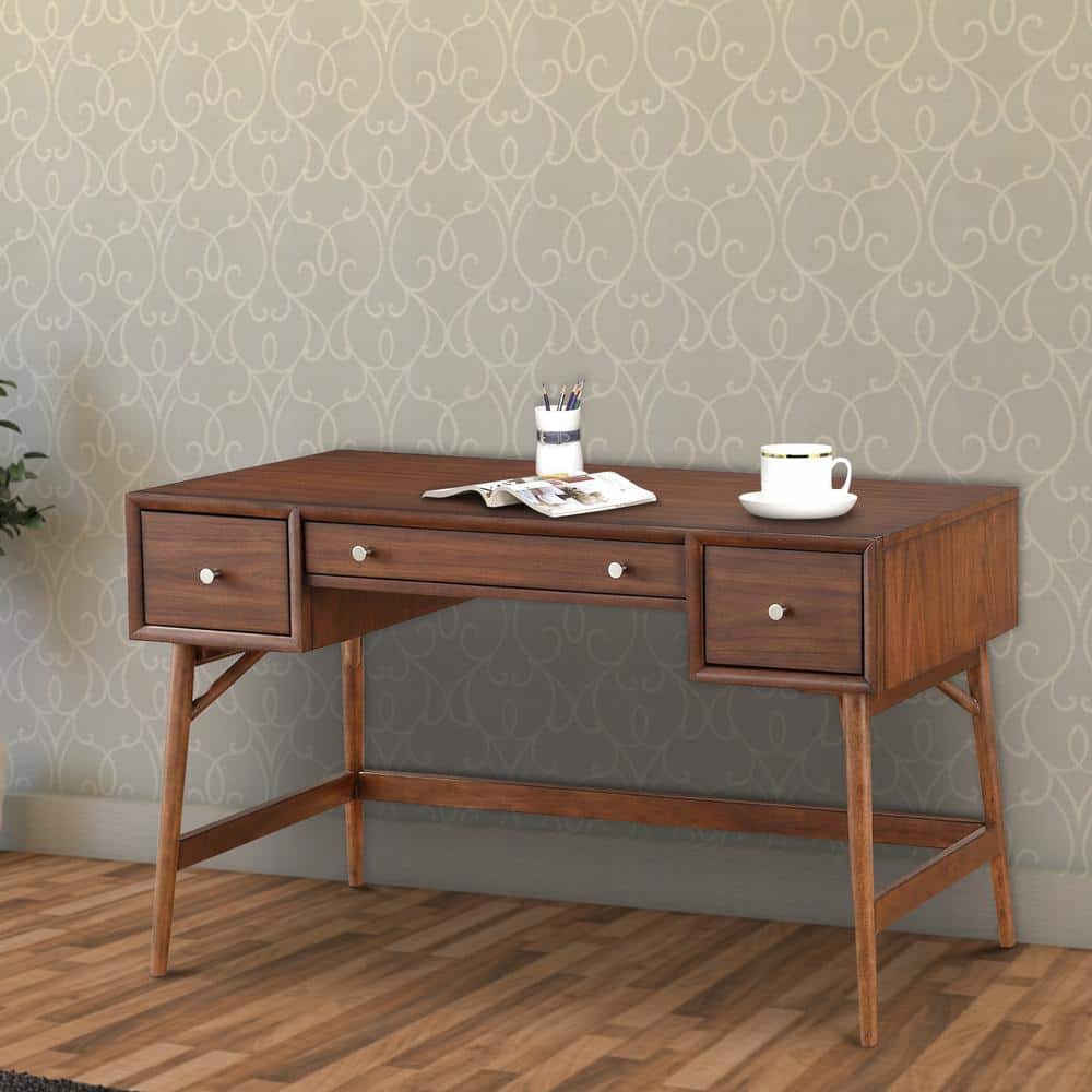 Elevate 52'' Walnut Brown Wooden Writing Desk with 3 Drawers