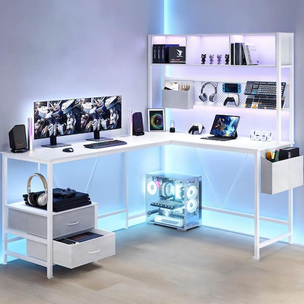 Modern 19.7 in. L-Shaped White Wood 2-Drawers Gaming Desk with RGB Lighting,Power Outlet and Storage