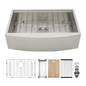 30 in. Farmhouse/Apron-Front Single Bowl 18-Gauge Stainless Steel Tight Radius Workstation Kitchen Sink with Bottom Grid