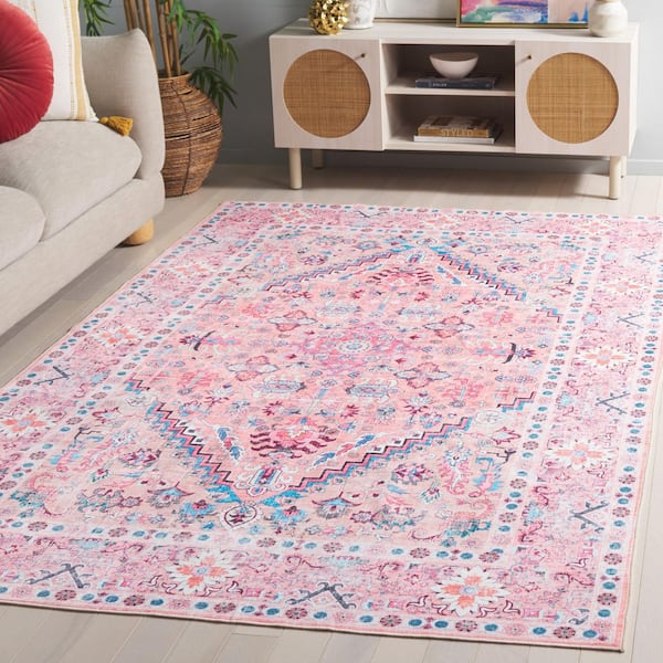 Arizona Beige/Pink 6 ft. x 6 ft. Machine Washable Ornate Floral Medallion Square Area Rug