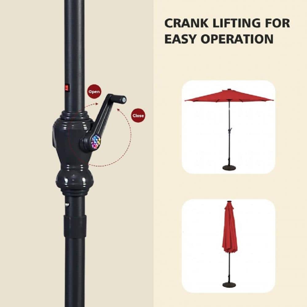 10 ft. Burgundy Metal Market Patio Umbrella with LED Lights