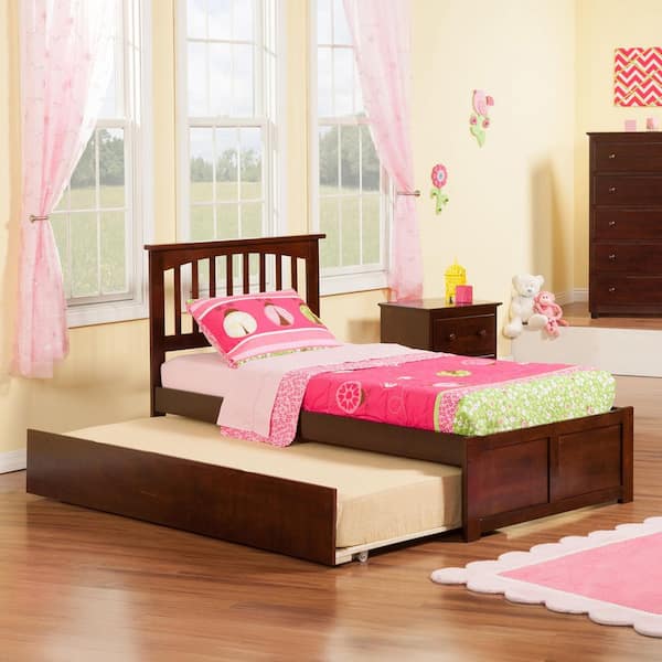 AFI Mission Walnut Twin Platform Bed with Flat Panel Foot Board and Twin Size Urban Trundle Bed