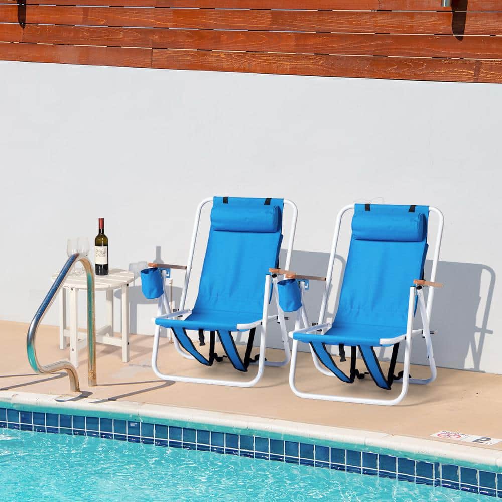 Blue Steel Folding Beach Armchair Set with Wooden Armrests