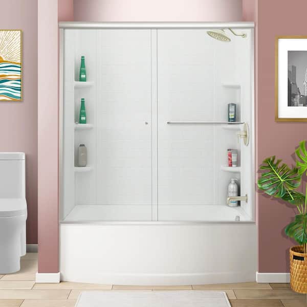 WELLFOR 60 in. W x 57.4 in. H Semi-Frameless Sliding Tub Door with Clear Glass in Brushed Nickel