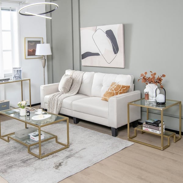 Costway 22 in. Gold 2-Tier Square Glass Top Sofa Side Table