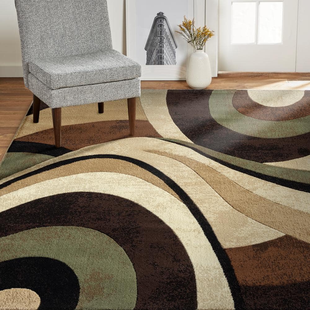 Tribeca Brown and Green Abstract 8' x 10' Synthetic Area Rug