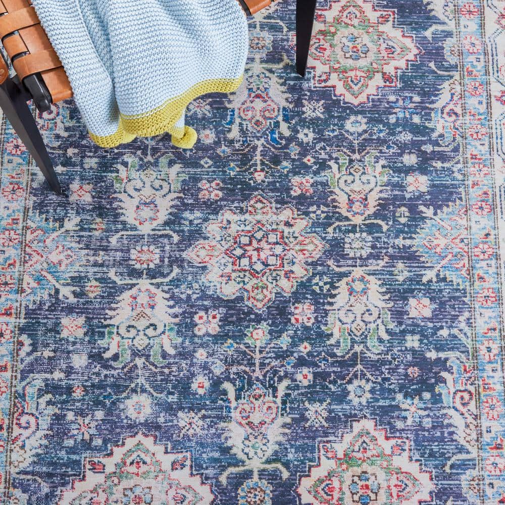 Navy and Beige 6' Square Washable Synthetic Area Rug
