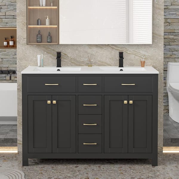 48 in. W x 18 in. D x 34 in. H 2-Sink Freestanding Bath Vanity in Black with White SMC Resin Top and Drain Faucet Set