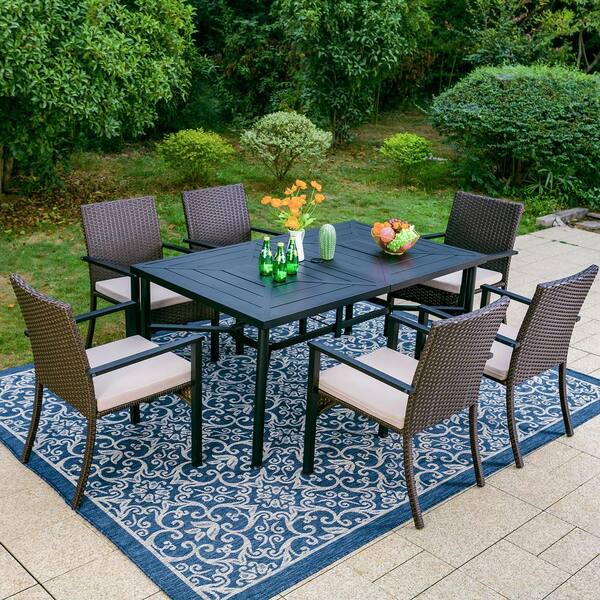 PHI VILLA 7-Piece Wicker Outdoor Dining Furniture Set with Beige ...