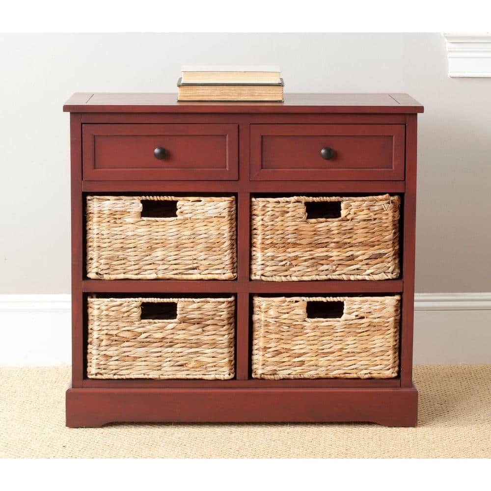 Transitional Red Pine 30'' Storage Unit with Wicker Baskets