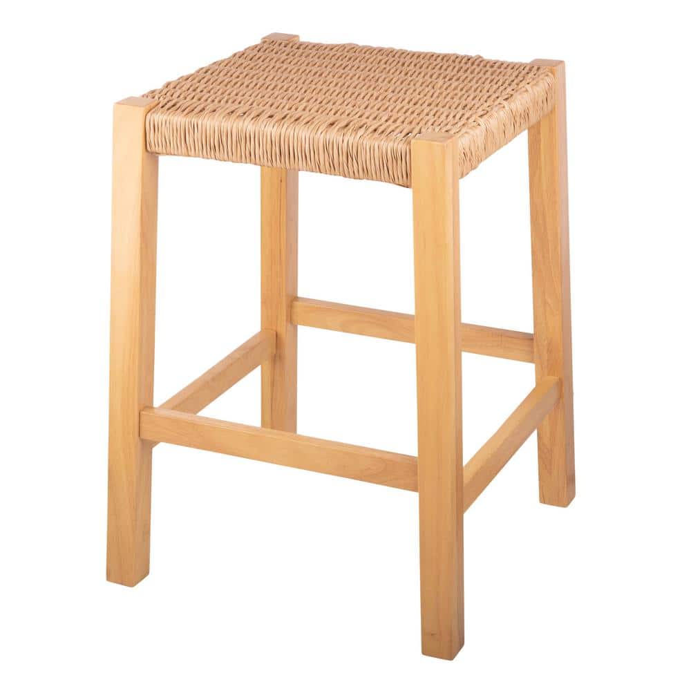 Natural Wood Backless Counter Stool with Woven Seagrass Seat