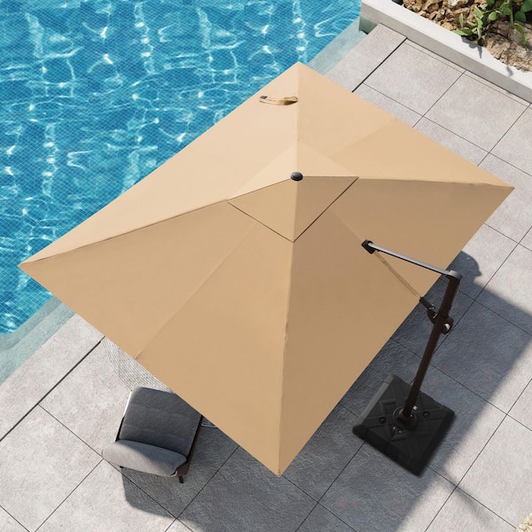 Pellebant 9 ft. x 12 ft. Aluminum Outdoor Cantilever 360° Rotation Patio Umbrella in Tan with Umbrella Base