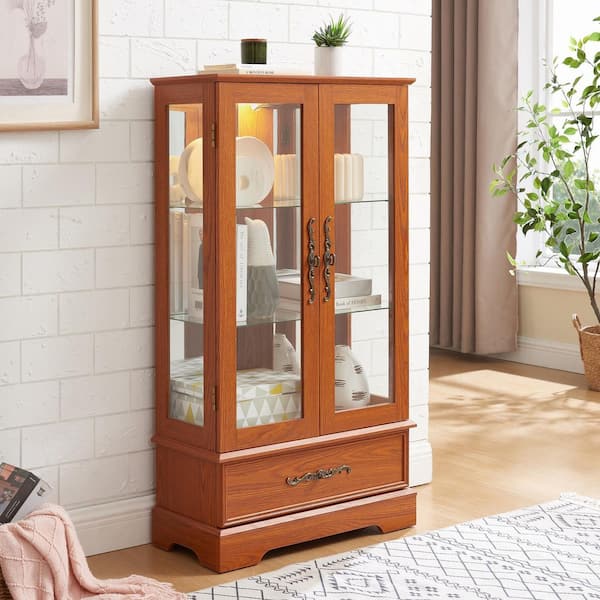 Louisa Dark Oak Wood 47.4 in. Curio Display Cabinet with 2 Doors and 1 Drawer