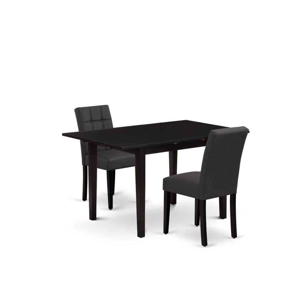 3-Piece Black Finish Rectangular Solid Wood Top with Butterfly Leaf Dining Table Set