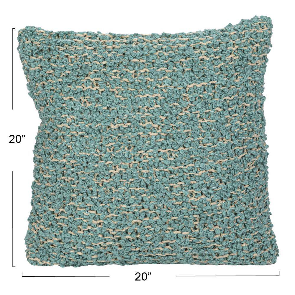 Blue and Cream Woven Cotton Blend Bouclé Pillow, 20" Square