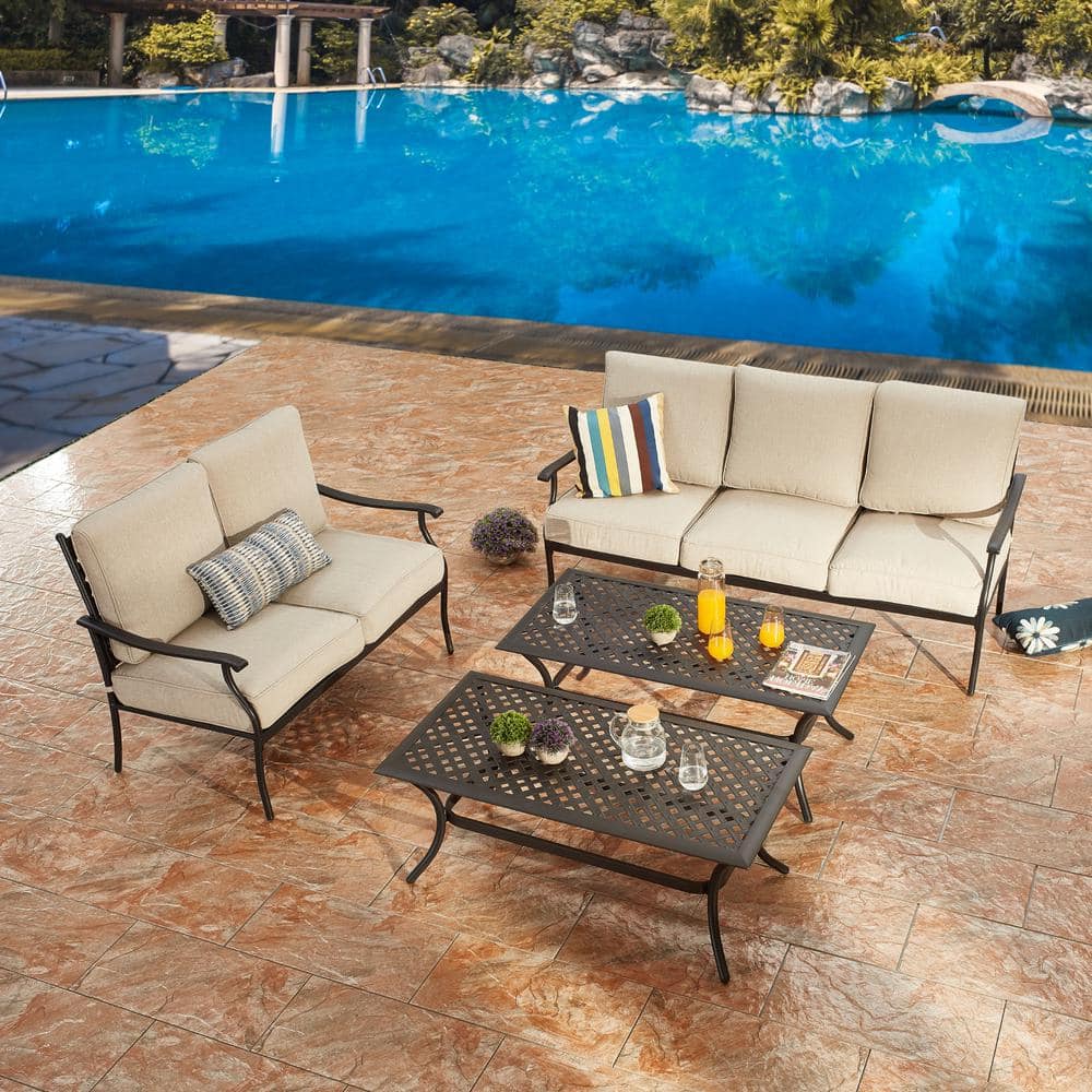 Patio Festival 4-Piece Metal Patio Conversation Set with Beige Cushions ...