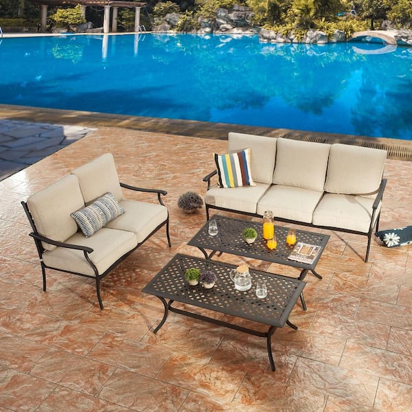4-Piece Metal Patio Conversation Set with Beige Cushions