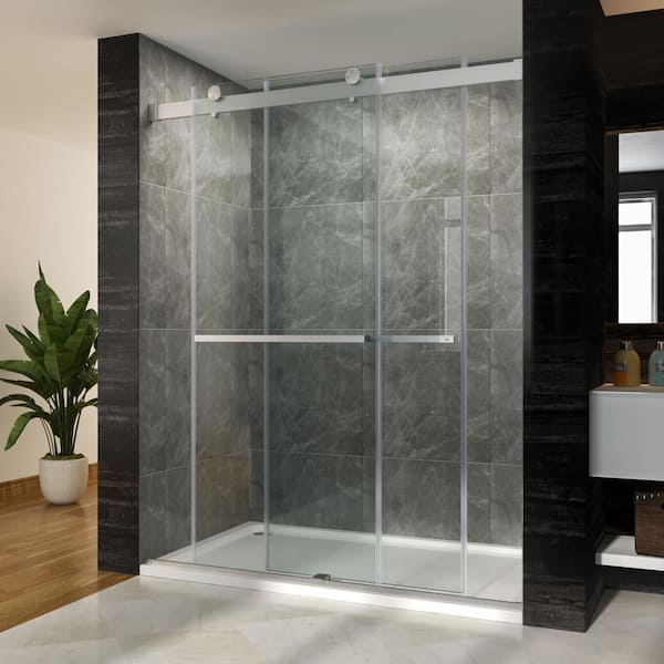 TOOLKISS 60 in. W x 76 in. H Sliding Semi Frameless Shower Door/Enclosure in Stainless-Steel with Clear Glass