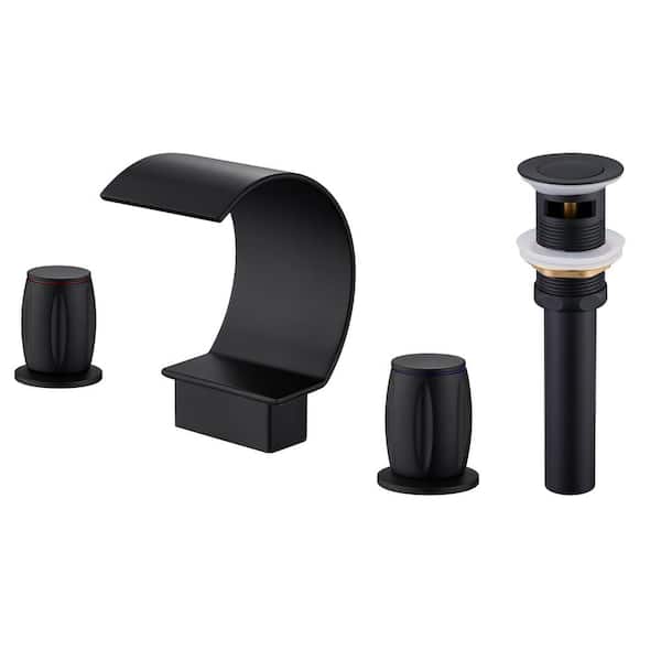 8 in. Widespread Double Handle Bathroom Sink Faucet C Arc Waterfall Spout With Pop-up Drain in Matte Black