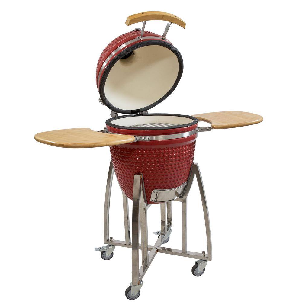 Red Ceramic Kamado Grill with Smoker and Bamboo Side Tables