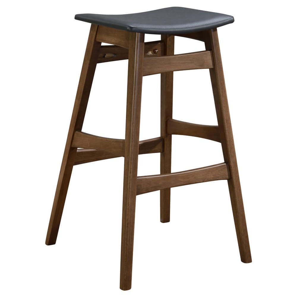 Transitional Gray Leatherette and Walnut Wood Bar Stool, 18"W