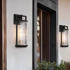 Modern Black Outdoor Wall Lantern Sconce with Textured Seeded Glass Shade Gold 1-Light Porch Patio Decorative Lighting