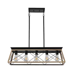 5-Light Faux Oak Metal Geometric Farmhouse Chandelier for Kitchen Island with Rustic Rectangle Frame