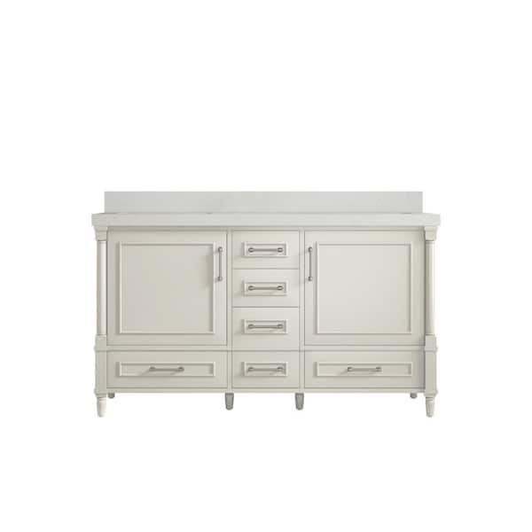 Willow Collections Hudson 60 in. Double Sink Freestanding Alabaster Bath Vanity with Carrara Quartz Top Unassembled