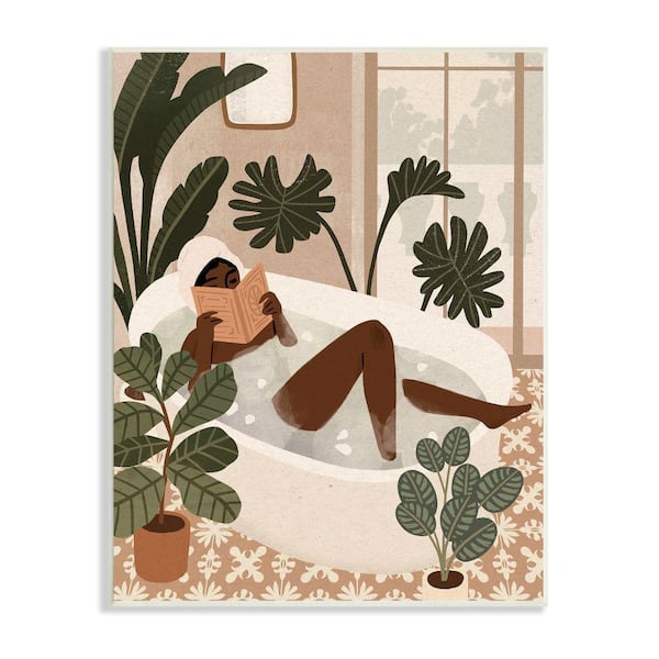 Stupell Industries "Female Reading in Bath Tropical Palm Plants" by Victoria Barnes Unframed Typography Wood Wall Art Print 10 in. x 15 in.
