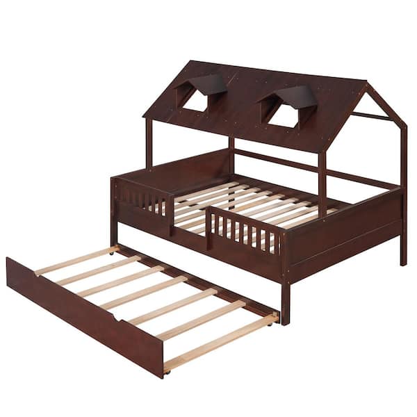 ATHMILE Espresso Full Size House Bed Wood Bed with Trundle