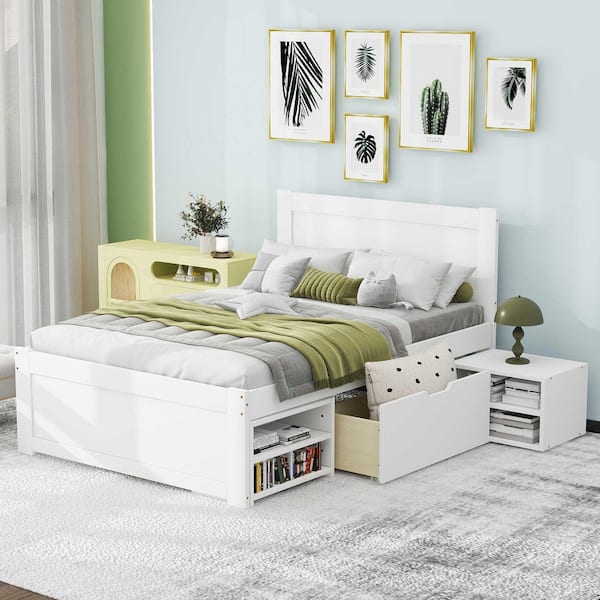 Antique White Wood Frame Twin Size Platform Bed with Drawer and 2-Shelves