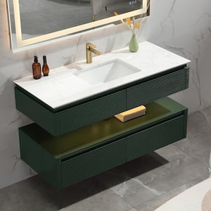 48 in. W X 20.7 in. D X 19.6 in. H Single Floating Sink Solid Wood Bath Vanity in Green with White Marble Top and Lights