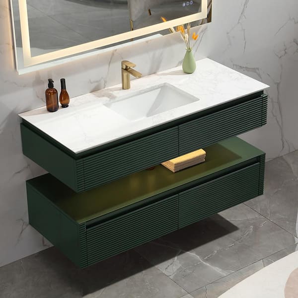 Lonni 48 in. W X 20.7 in. D X 19.6 in. H Single Floating Sink Solid Wood Bath Vanity in Green with White Marble Top and Lights